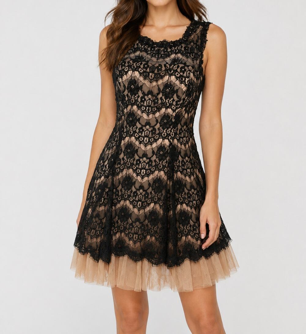 Aria Lace Ruffle Dress Tulle Illusion Fit & Flare Black Formal Mini Prom Wedding